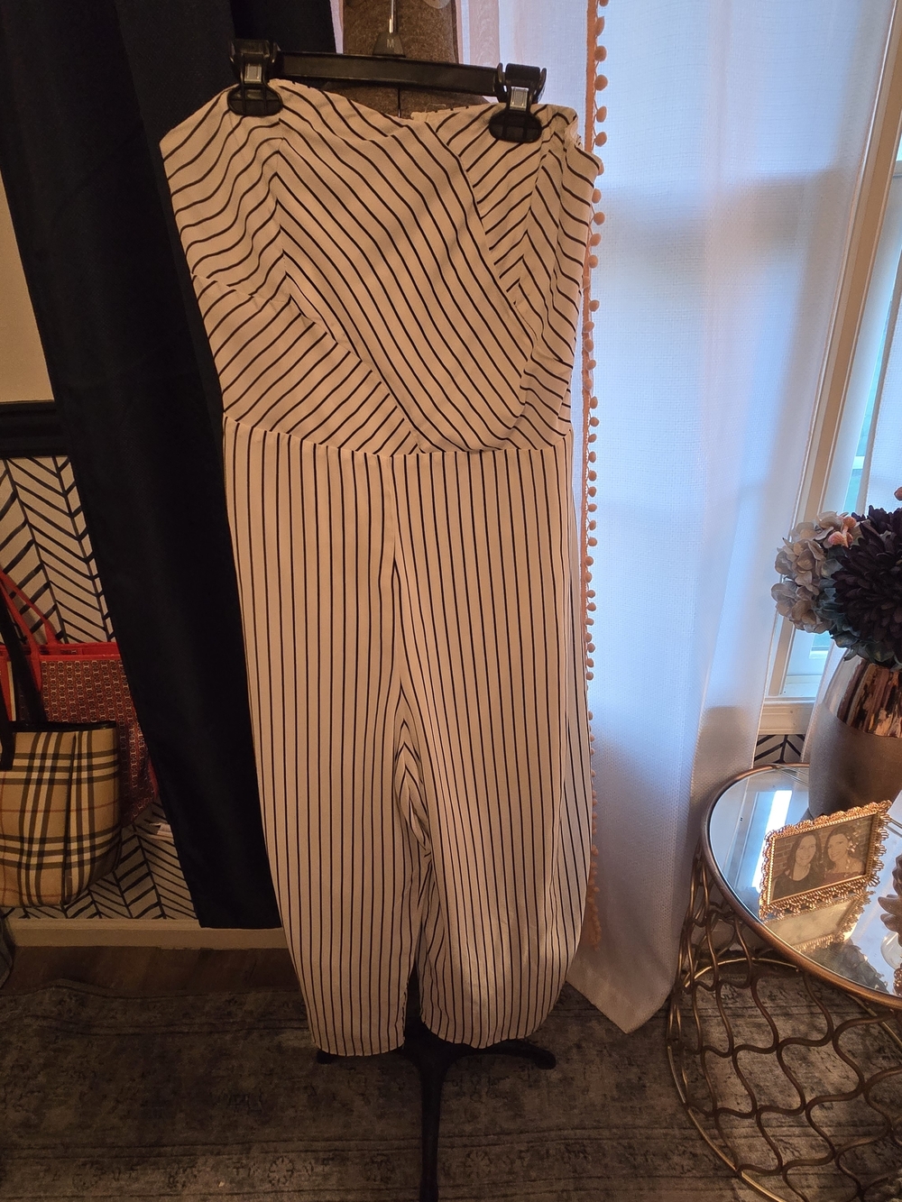 New York & Company Black and White Strapless Stripe Jumpsuit